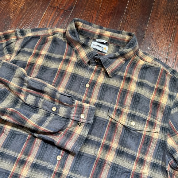 Vintage Carhartt Flannel Shirt Mens 2XL Blue Gray Plaid Pearl Snap Heavyweight - Picture 1 of 11